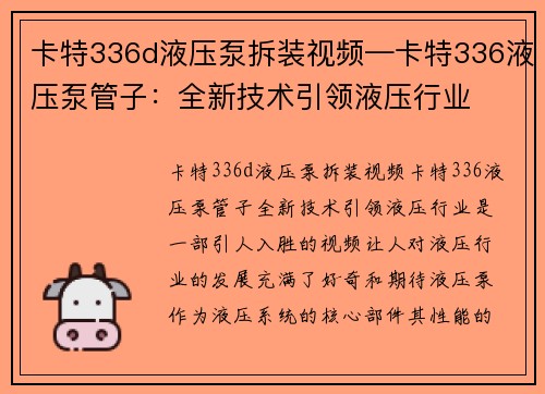 卡特336d液压泵拆装视频—卡特336液压泵管子：全新技术引领液压行业